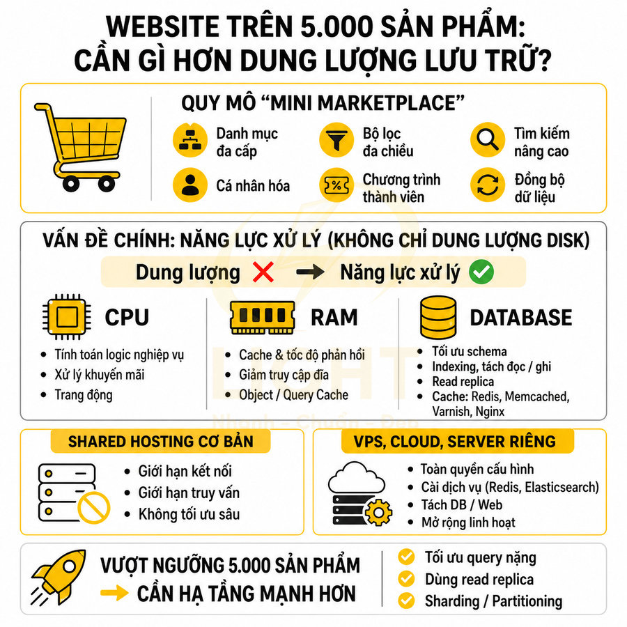 Infographic hướng dẫn tối ưu CPU RAM database và hạ tầng hosting cho website bán hàng trên 5000 sản phẩm